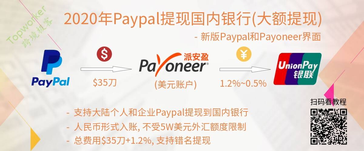 2020年Paypal转账Payoneer美国银行账户示意图(新版操作界面)